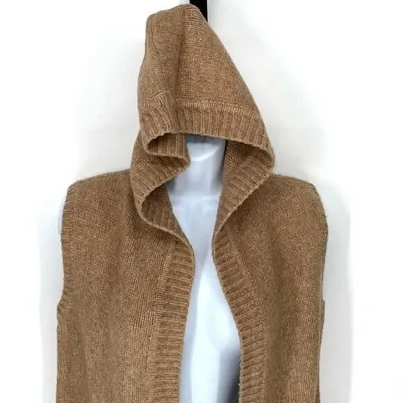 Tahari Womens Wool Blend‎ Sleeveless Open Front Knit Hoodie Sweater Tan Small Sweaters